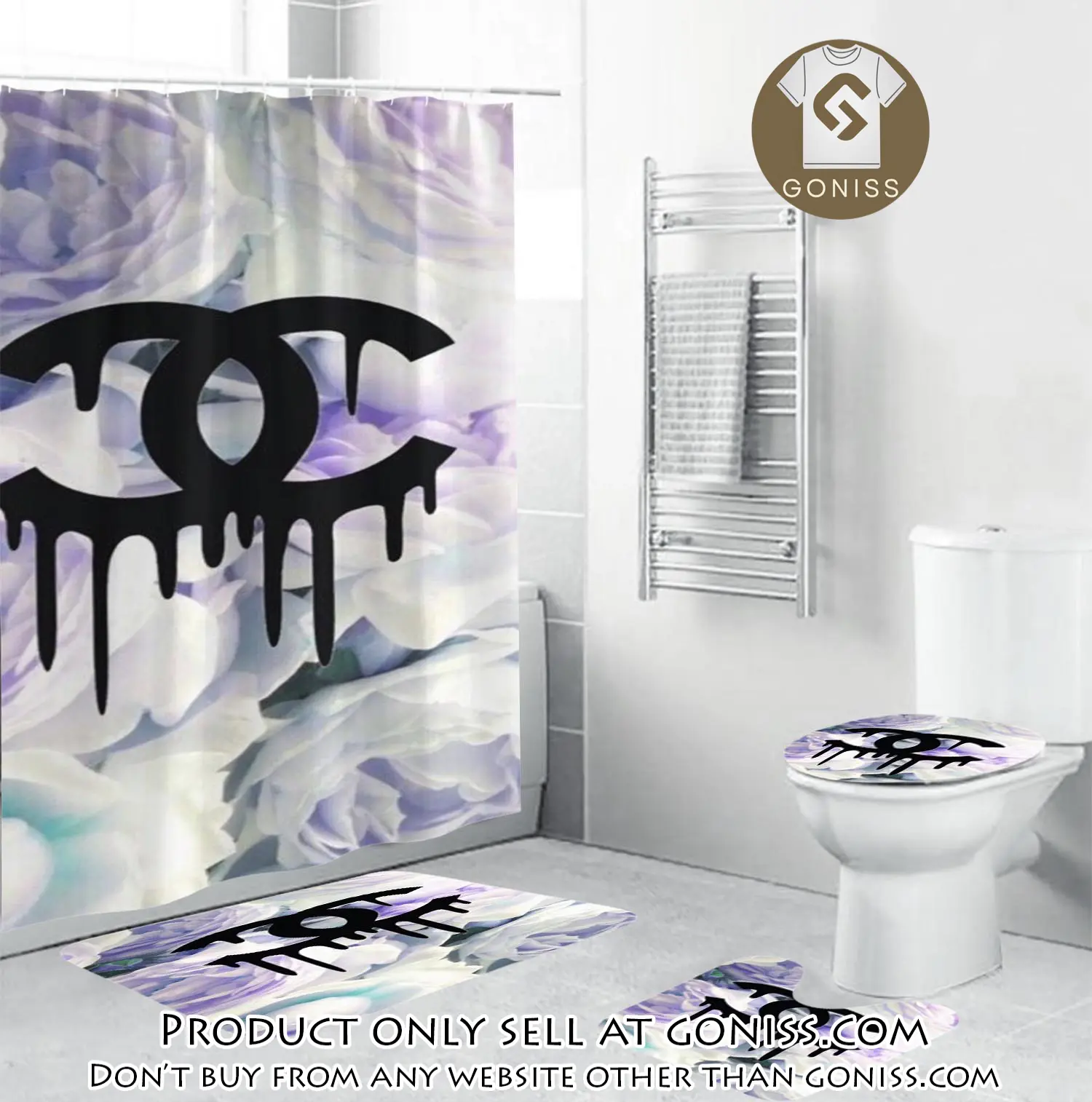 Coco chanel black dripping logo in floral background bathroom set shower curtain gn5258169